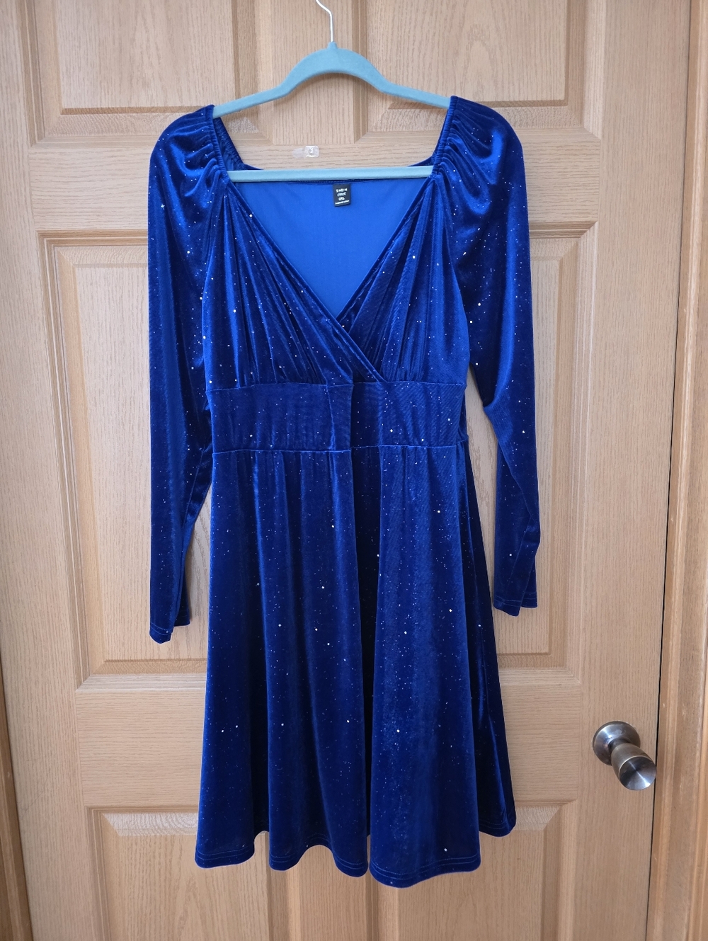 NWOT SHEIN Curve Blue Velvet Glitter Skater Dress Long Sleeve Size 0XL